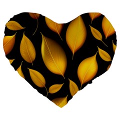 Leaves Foliage Pattern Metallic Gold Background Large 19  Premium Flano Heart Shape Cushions by Ravend