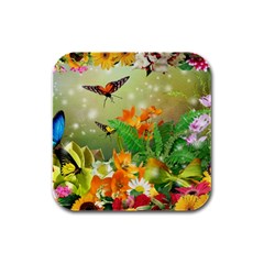 Floral Flowers Nature Plants Decorative Design Rubber Square Coaster (4 Pack) by Ravend