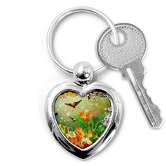 Floral Flowers Nature Plants Decorative Design Key Chain (heart) by Ravend