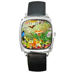 Floral Flowers Nature Plants Decorative Design Square Metal Watch by Ravend