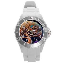 Trees Dream Art Intricate Patterns Digital Nature Round Plastic Sport Watch (l) by Ravend