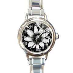 Sketch Flowers Art Background Photorealistic Round Italian Charm Watch by Ravend