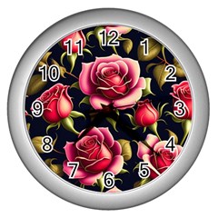 Roses Flowers Pattern Background Wall Clock (silver) by Ravend