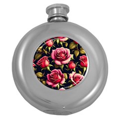 Roses Flowers Pattern Background Round Hip Flask (5 Oz) by Ravend