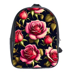 Roses Flowers Pattern Background School Bag (large) by Ravend