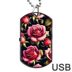 Roses Flowers Pattern Background Dog Tag Usb Flash (two Sides) by Ravend