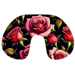 Roses Flowers Pattern Background Travel Neck Pillow by Ravend