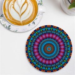 Mandela Kaleidoscope Squares Geometric Shapes Uv Print Round Tile Coaster by Ravend