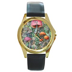 Mushroom Mojo For All Your Magic Spells Round Gold Metal Watch by GardenOfOphir