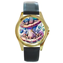 Charming Toadstool Round Gold Metal Watch by GardenOfOphir