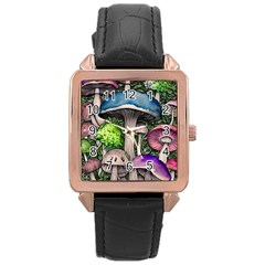 Necromancy Of The Mushroom Rose Gold Leather Watch  by GardenOfOphir