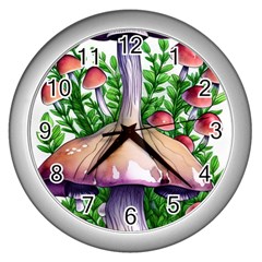 Conjuring Charm Of The Mushrooms Wall Clock (silver) by GardenOfOphir