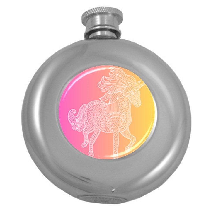 unicorm orange and pink Round Hip Flask (5 oz)