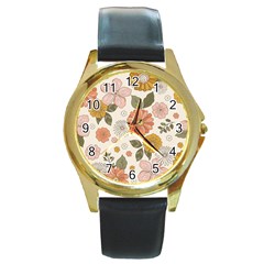 Flower Petals Plants Floral Print Pattern Design Round Gold Metal Watch by Ravend