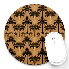 Ai Generated Camels Palm Trees Pattern Round Mousepad by Ravend