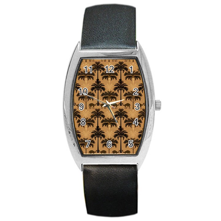 Ai Generated Camels Palm Trees Pattern Barrel Style Metal Watch