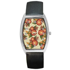 Flowers Leaves Pattern Flora Botany Drawing Art Barrel Style Metal Watch by Ravend