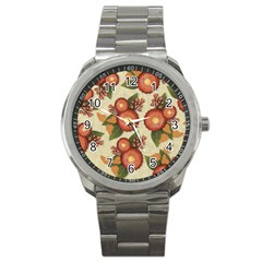 Flowers Leaves Pattern Flora Botany Drawing Art Sport Metal Watch by Ravend