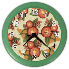 Flowers Leaves Pattern Flora Botany Drawing Art Color Wall Clock by Ravend