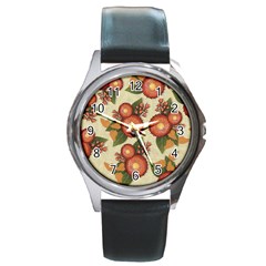 Flowers Leaves Pattern Flora Botany Drawing Art Round Metal Watch by Ravend