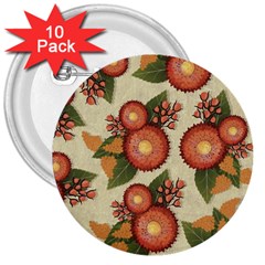 Flowers Leaves Pattern Flora Botany Drawing Art 3  Buttons (10 Pack)  by Ravend