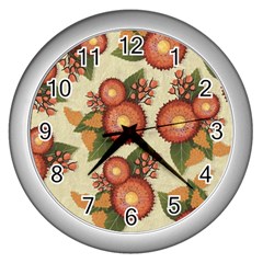 Flowers Leaves Pattern Flora Botany Drawing Art Wall Clock (silver) by Ravend