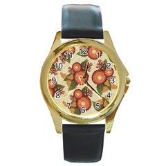 Flowers Leaves Pattern Flora Botany Drawing Art Round Gold Metal Watch by Ravend