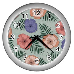 Flowers Petals Pattern Drawing Design Background Wall Clock (silver) by Ravend