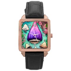 Veil Presto Psilocybin Superstition Agaric Trick Button Mushroom Sciopticon Diablerie Voodoo Fairy Rose Gold Leather Watch  by GardenOfOphir