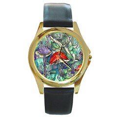 Necromancy Mushroom Round Gold Metal Watch by GardenOfOphir