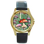 Glamour Mushroom For Enchantment And Bewitchment Round Gold Metal Watch Front