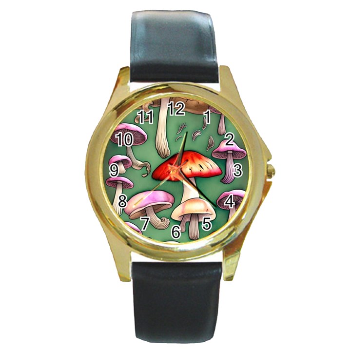 Glamour Mushroom For Enchantment And Bewitchment Round Gold Metal Watch