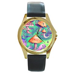 Natural Mushroom Illustration Design Round Gold Metal Watch by GardenOfOphir