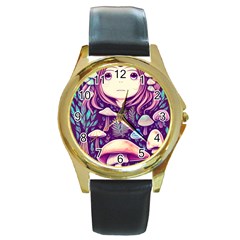 Fairy Mushroom Illustration Design Round Gold Metal Watch by GardenOfOphir