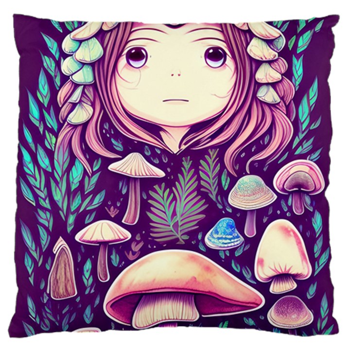 Fairy Mushroom Illustration Design Large Premium Plush Fleece Cushion Case (One Side)