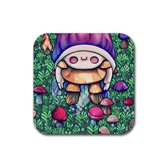 Foraging Natural Fairy Mushroom Craft Rubber Coaster (square) by GardenOfOphir