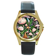 Flowery Garden Nature Woodsy Mushroom Round Gold Metal Watch by GardenOfOphir