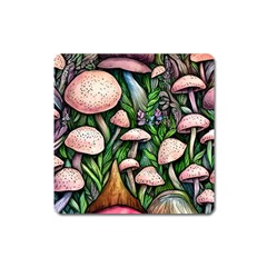 Flowery Garden Nature Woodsy Mushroom Square Magnet by GardenOfOphir