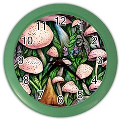 Flowery Garden Nature Woodsy Mushroom Color Wall Clock by GardenOfOphir