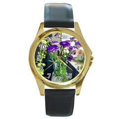 Cute Flower Wallpaper Round Gold Metal Watch by artworkshop