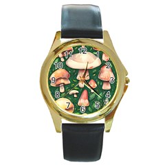 Fantasy Farmcore Farm Mushroom Round Gold Metal Watch by GardenOfOphir