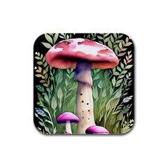 Mushroom Foraging In The Woods Rubber Square Coaster (4 Pack) by GardenOfOphir