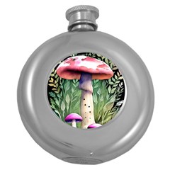 Mushroom Foraging In The Woods Round Hip Flask (5 Oz) by GardenOfOphir