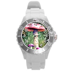 Mushroom Foraging In The Woods Round Plastic Sport Watch (l) by GardenOfOphir