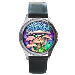 Fairy Mushroom In The Forest Round Metal Watch by GardenOfOphir