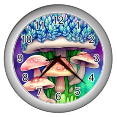 Fairy Mushroom In The Forest Wall Clock (silver) by GardenOfOphir