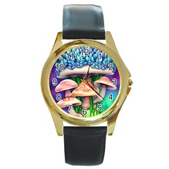 Fairy Mushroom In The Forest Round Gold Metal Watch by GardenOfOphir