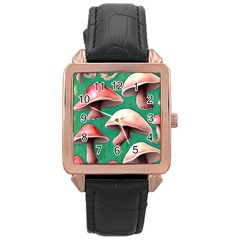 Forest Mushrooms Rose Gold Leather Watch 