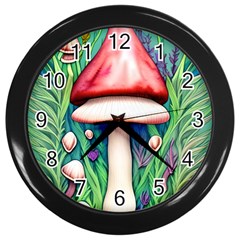 Vintage Forest Mushrooms Wall Clock (black) by GardenOfOphir