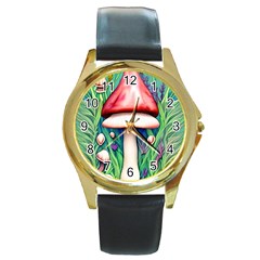 Vintage Forest Mushrooms Round Gold Metal Watch by GardenOfOphir